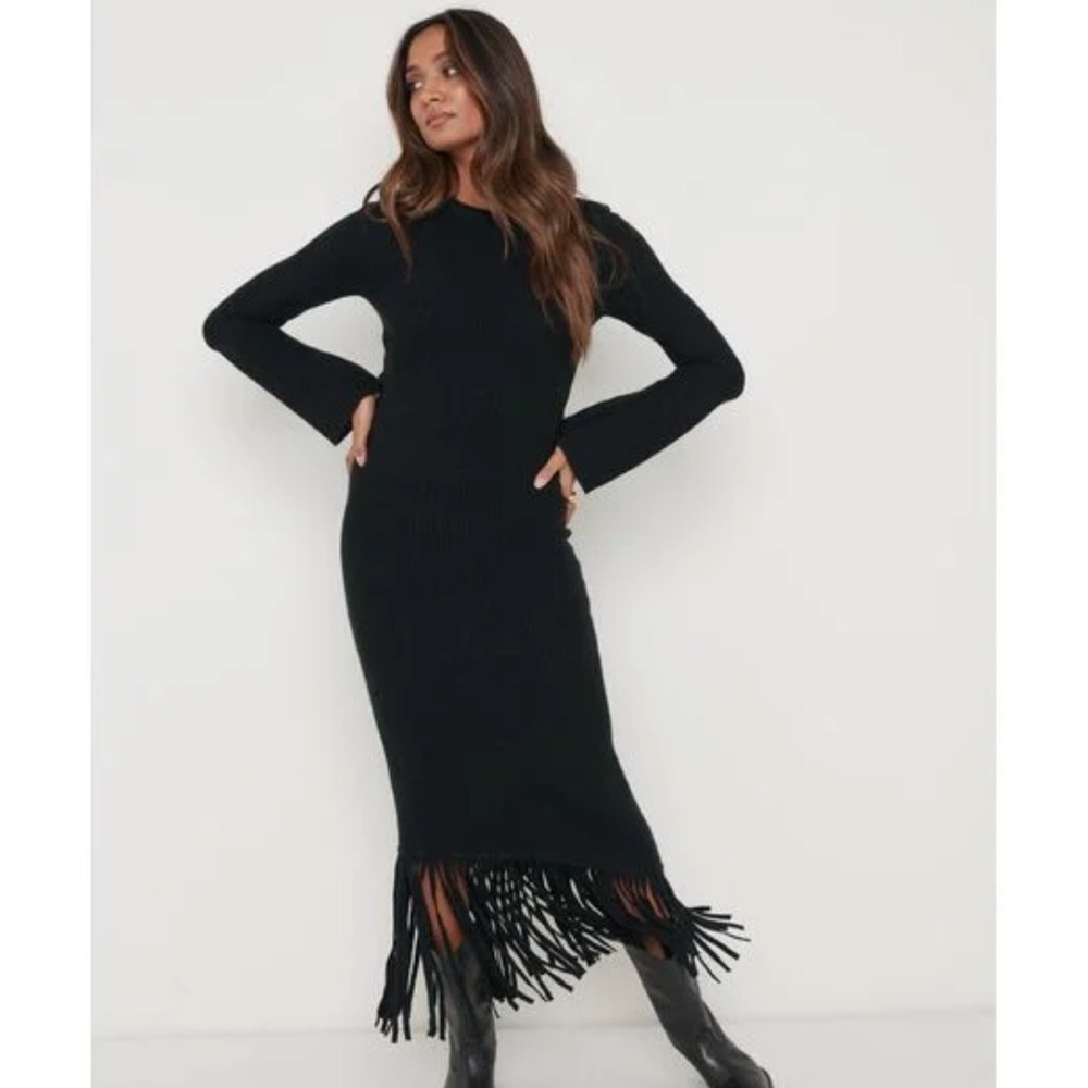 NWT Pretty Lavish Francoise Fringe Knit Maxi Dress - Black - XS